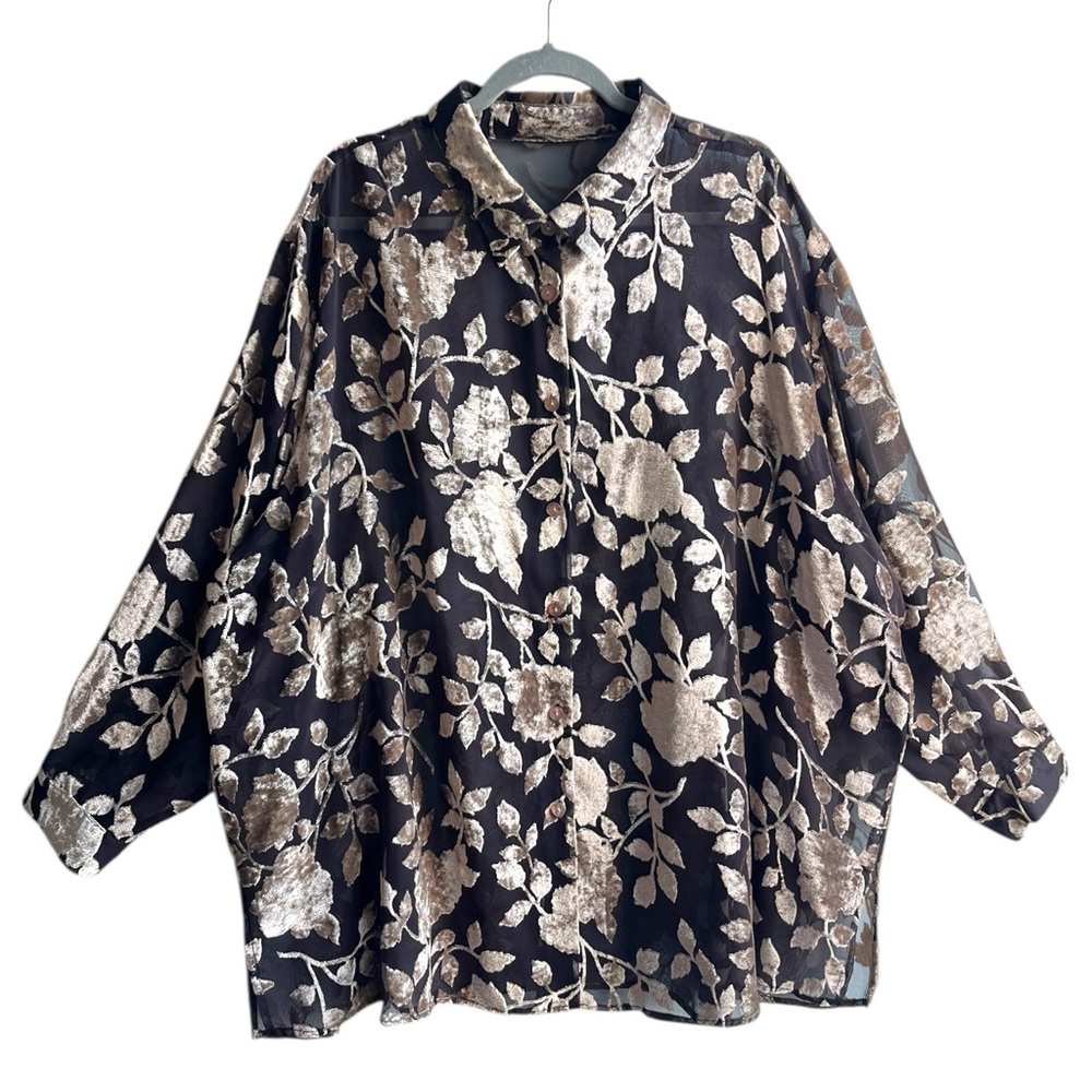 Sheer Brown Button Down Blouse Velour Flowers Whimsigoth Romantic Fairy 3XL 4XL